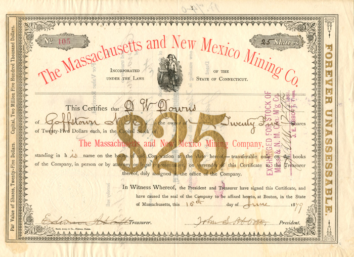 Massachusetts and New Mexico Mining Co. - Stock Certificate